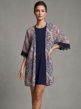 Wallflower NWT 2 Piece Set M Navy Slip Dress Paisley Kimono Lace Trim Boho